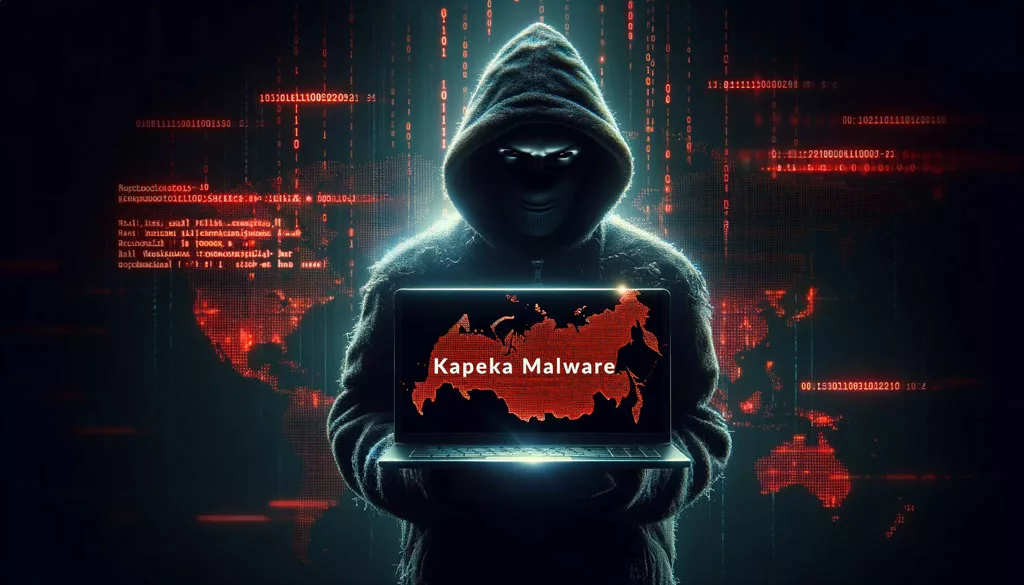 Shadowy hacker with a laptop in front of a digital map of Russia highlighted in red, symbolizing the origin of Kapeka Malware.