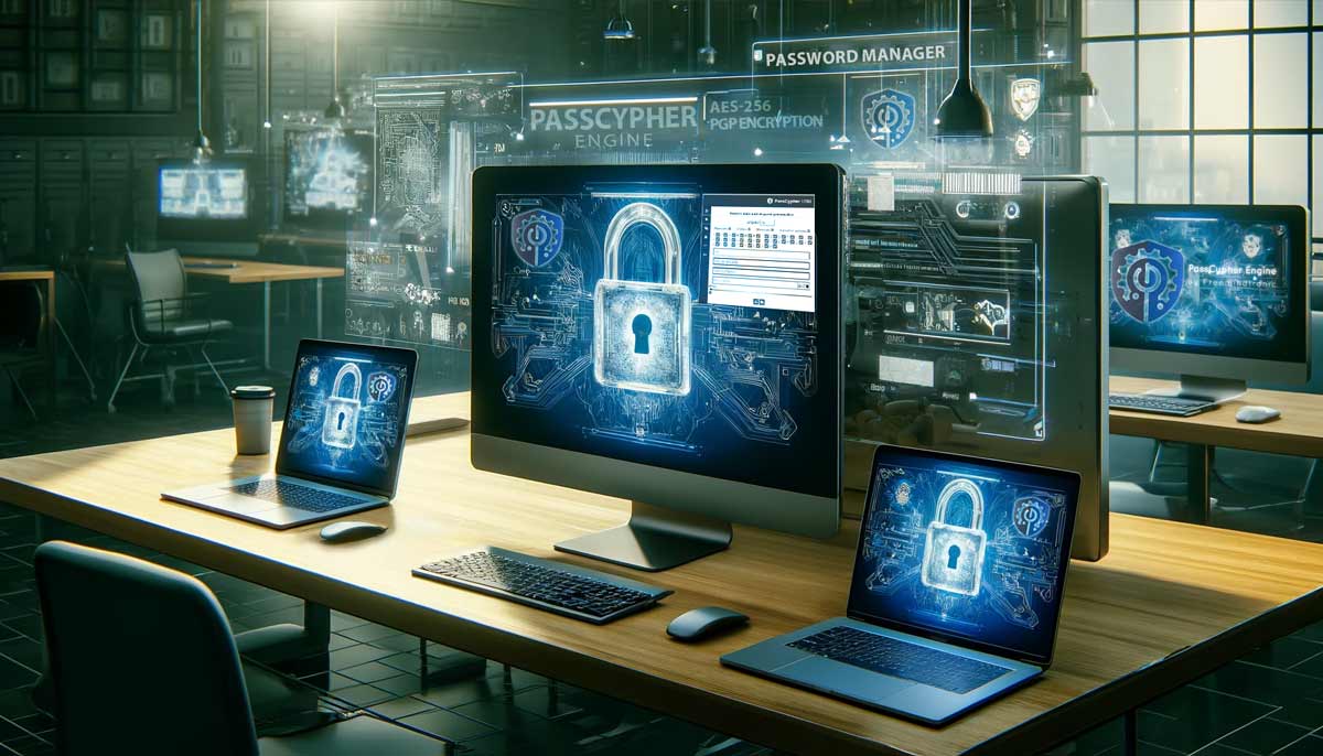 A desktop and a laptop computer displaying the secure interface of PassCypher Engine, with encryption symbols and digital locks.