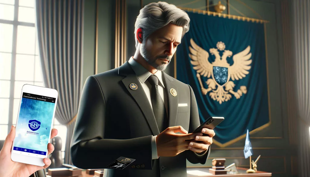 Country president using smartphone with fictional flag in background, depicting secure communication