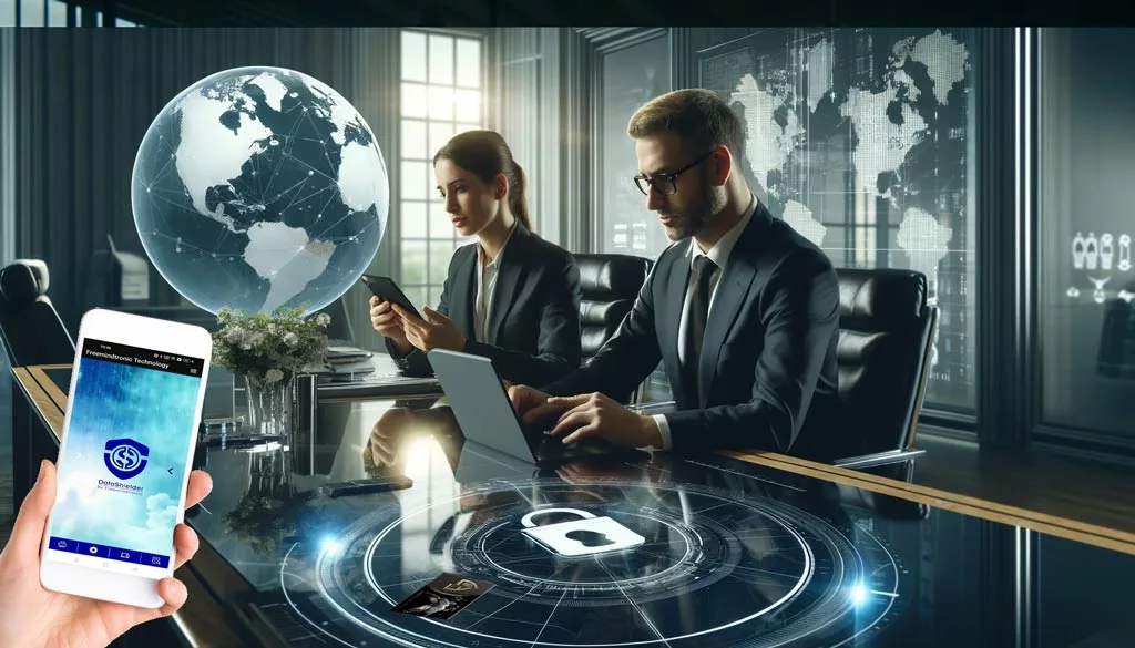 Diplomats engaging in secure communication in a high-tech office, using encrypted devices.