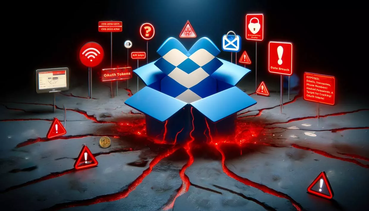 A realistic depiction of the 2024 Dropbox security breach, featuring a cracked Dropbox logo with compromised data such as emails, user credentials, and security tokens spilling out. The background includes red flashing alerts and warning symbols, highlighting the seriousness of the breach.