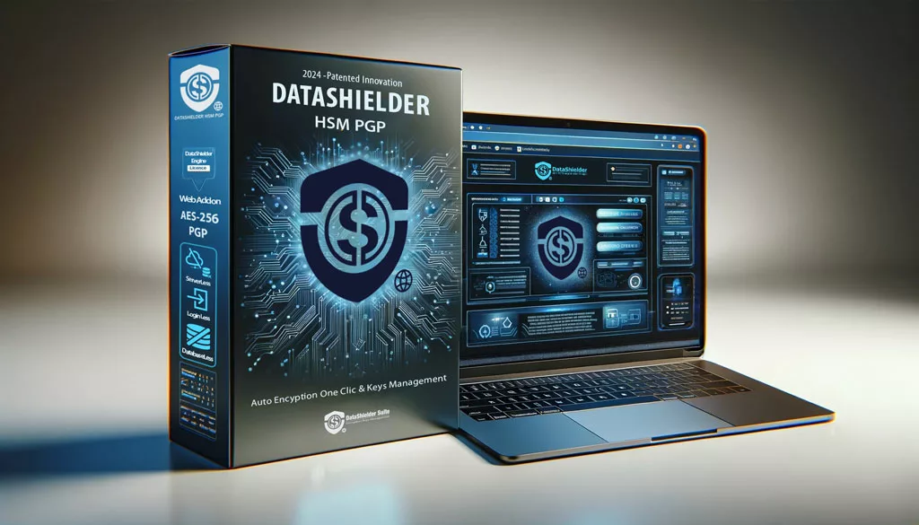DataShielder HSM PGP box beside a laptop displaying the DataShielder Suite website, emphasizing advanced encryption technologies.
