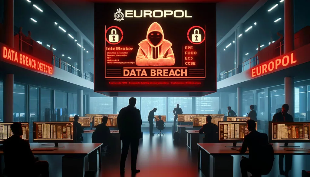 Europol office showing a security breach alert on a computer screen, with agents discussing in the background.