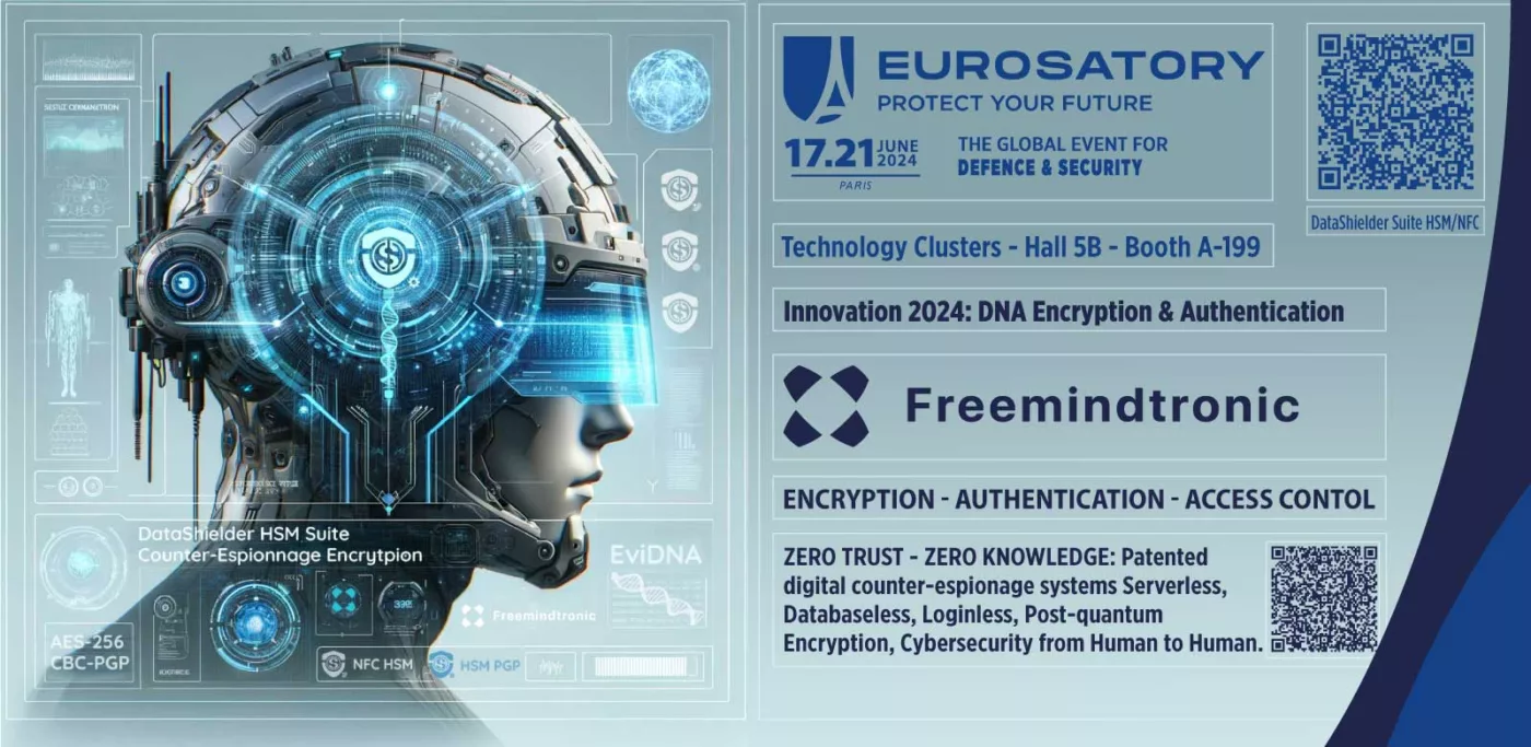 Eurosatory 2024 Technology Clusters promotional image showcasing Freemindtronic's Hall 5B - booth A-199 DataShielder NFC HSM PGP innovation with DNA-based encryption and authentication.