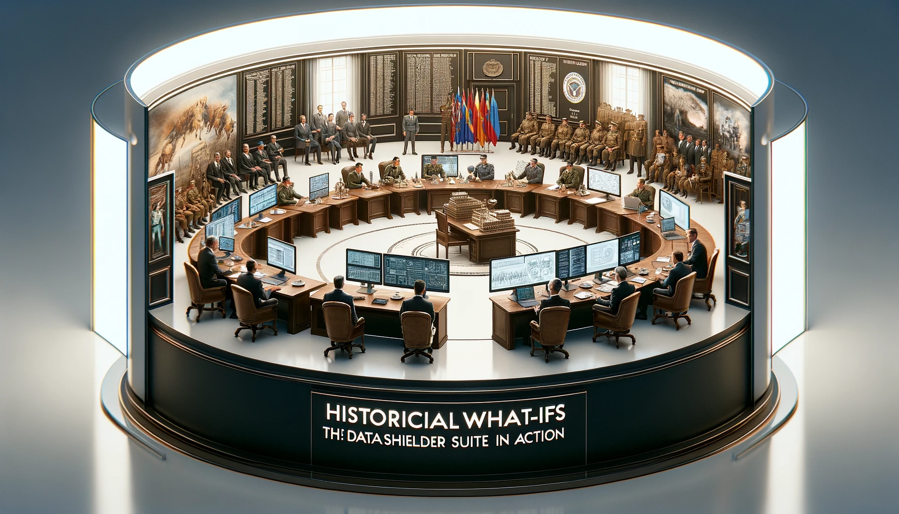 Vignettes of historical scenarios enhanced by DataShielder Suite, featuring secure military command centers and diplomatic meetings using DataShielder HSM PGP and DataShielder NFC HSM technologies.