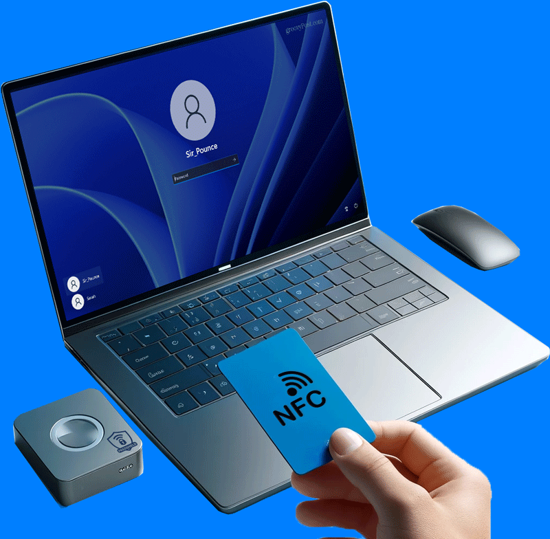 Hand presenting NFC card to a small NFC reader box beside a laptop with Windows 11 login screen.