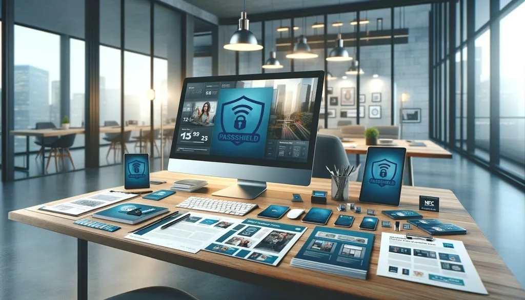 Office desk displaying NFC PassShield media resources on a computer and printed materials