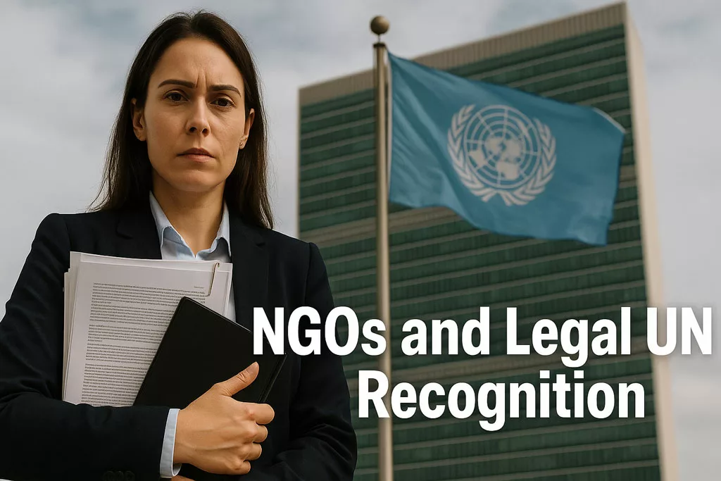A determined woman in business attire stands in front of the United Nations headquarters, holding legal documents, with the UN flag and building clearly visible, representing the legal recognition of NGOs by the United Nations.