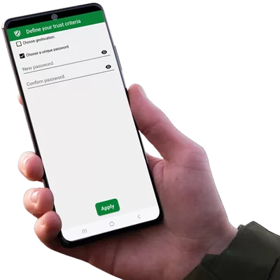 Right hand holding an Android NFC phone displaying the SeedNFC application by Freemindtronic, showing a screen to define a unique password as a trust criterion.