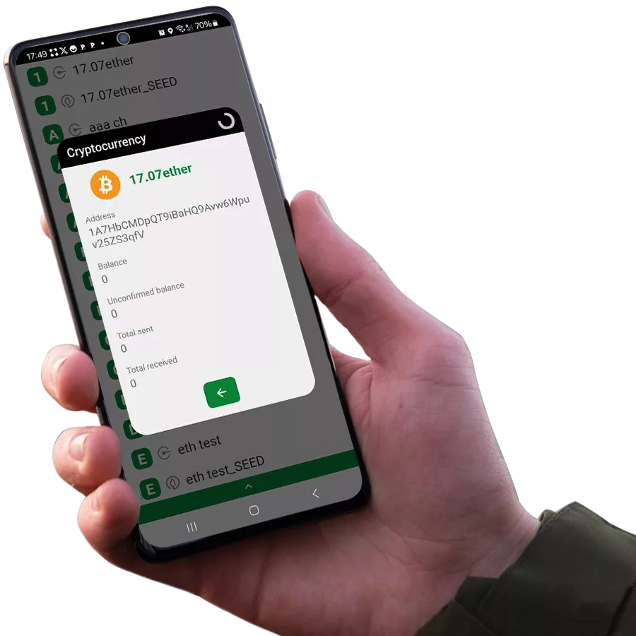 Checking Ethereum balance on SeedNFC HSM Cold Wallet app on an Android phone