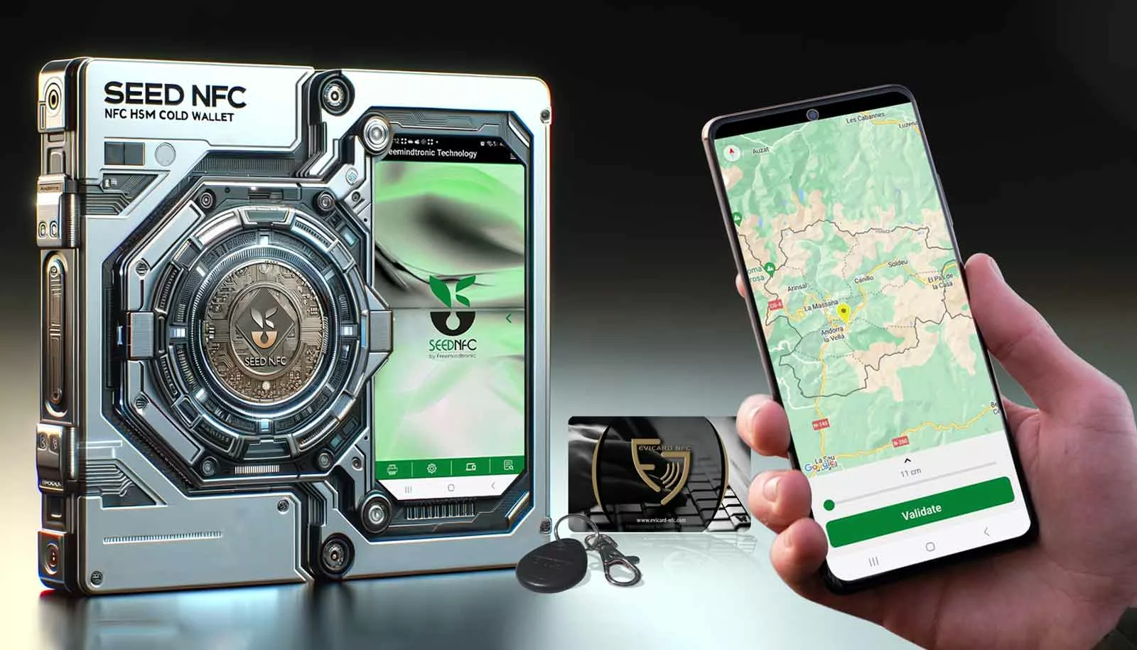 SeedNFC HSM Cold Wallet displaying on an Android NFC phone screen a map of Andorra, adding a trust criterion encapsulated as a segmented key in the encryption of a cryptocurrency or blockchain key.