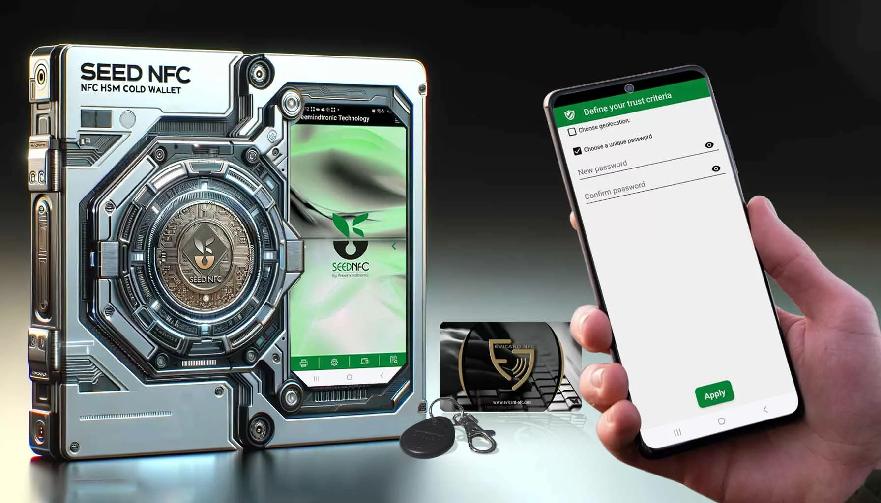 SeedNFC HSM Cold Wallet displaying on an Android NFC phone screen the option to add a password as a trust criterion for the encryption of a cryptocurrency or blockchain key.