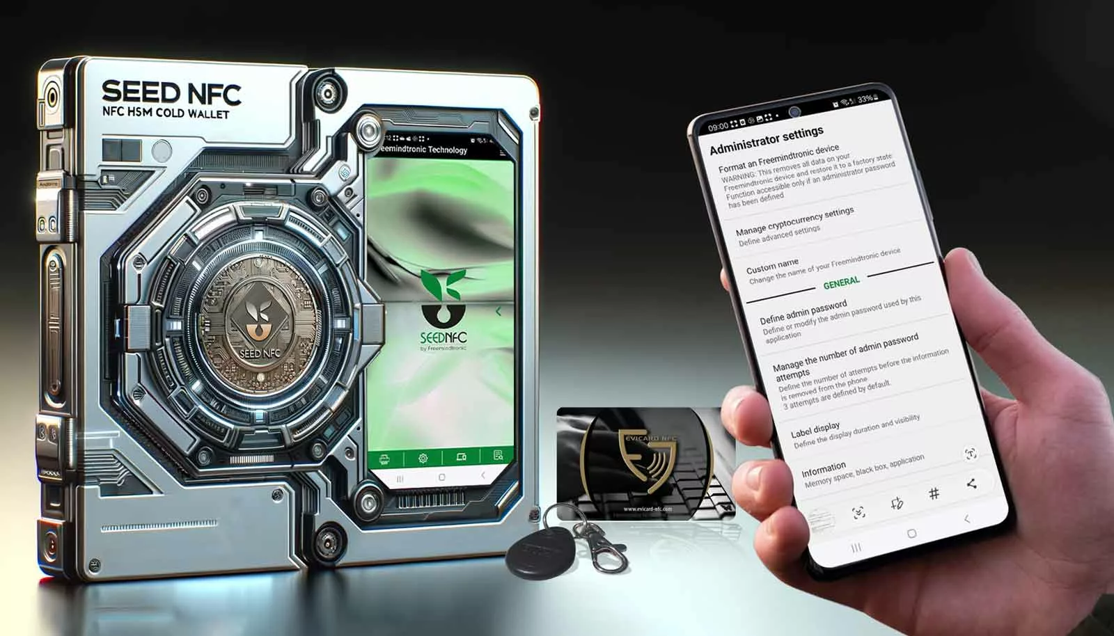 Hand holding a smartphone displaying administrator settings.
