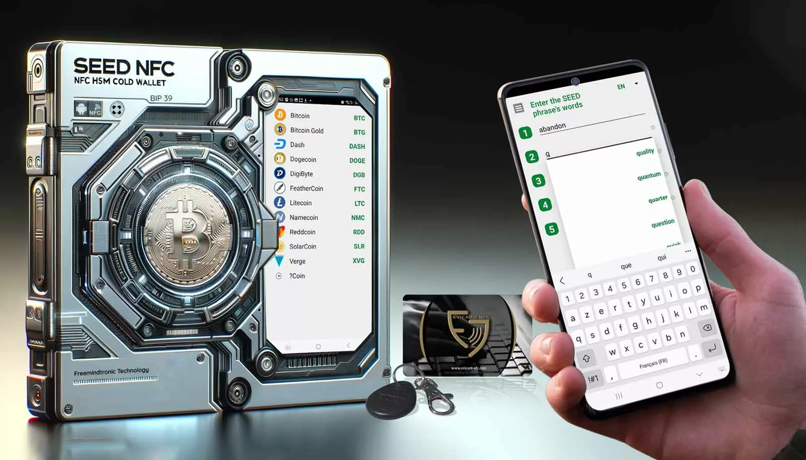 Securely enter and store your BIP 39 seed phrase for Bitcoin wallets with the SeedNFC HSM Cold Wallet.