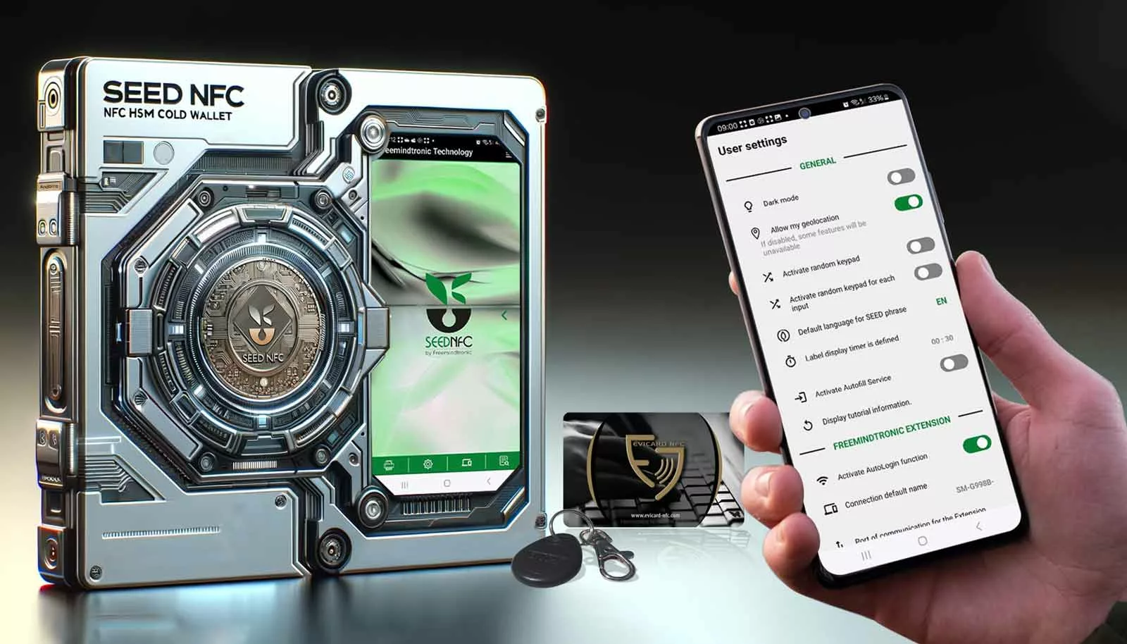 Manage your cryptocurrency assets securely with the SeedNFC HSM Cold Wallet's user-friendly interface featuring advanced security options.