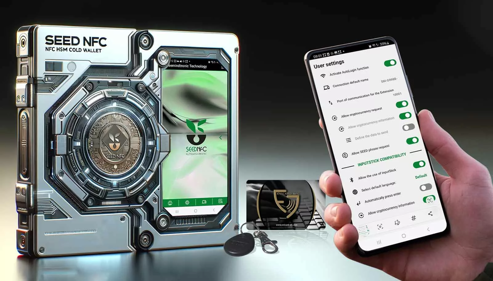 Advanced security and password management features of the SeedNFC HSM Cold Wallet, accessible through the user-friendly menu.