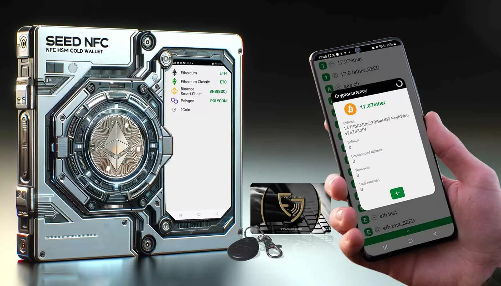 A hand holding a smartphone displaying the Ethereum account balance on an Android app, secured by SeedNFC HSM Cold Wallet.