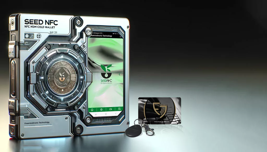 SeedNFC NFC HSM Cold Wallet displaying cryptocurrency hardware wallet technology with EviVault and EviSeed NFC HSM integration. The image shows a futuristic device with a coin and an Android phone screen, showcasing the SeedNFC logo and application interface.