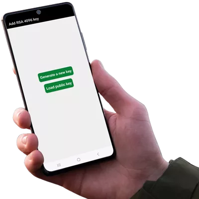 Right hand holding an Android NFC phone displaying the SeedNFC application by Freemindtronic, showing a menu to generate a new RSA 4096 key pair or load the public key.