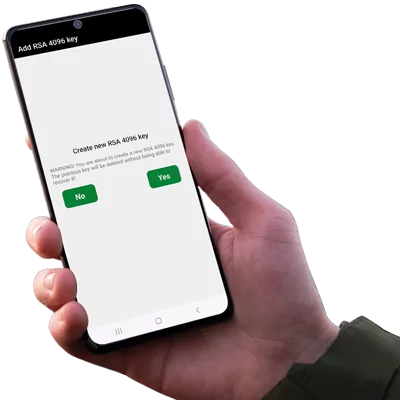 Right hand holding an Android NFC phone displaying the SeedNFC application by Freemindtronic, showing a confirmation screen to replace the RSA 4096 key pair with a warning.