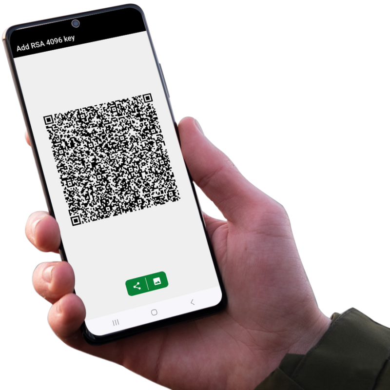 Right hand holding an Android NFC phone displaying the SeedNFC application by Freemindtronic, showing the public RSA 4096 key in the form of a QR code