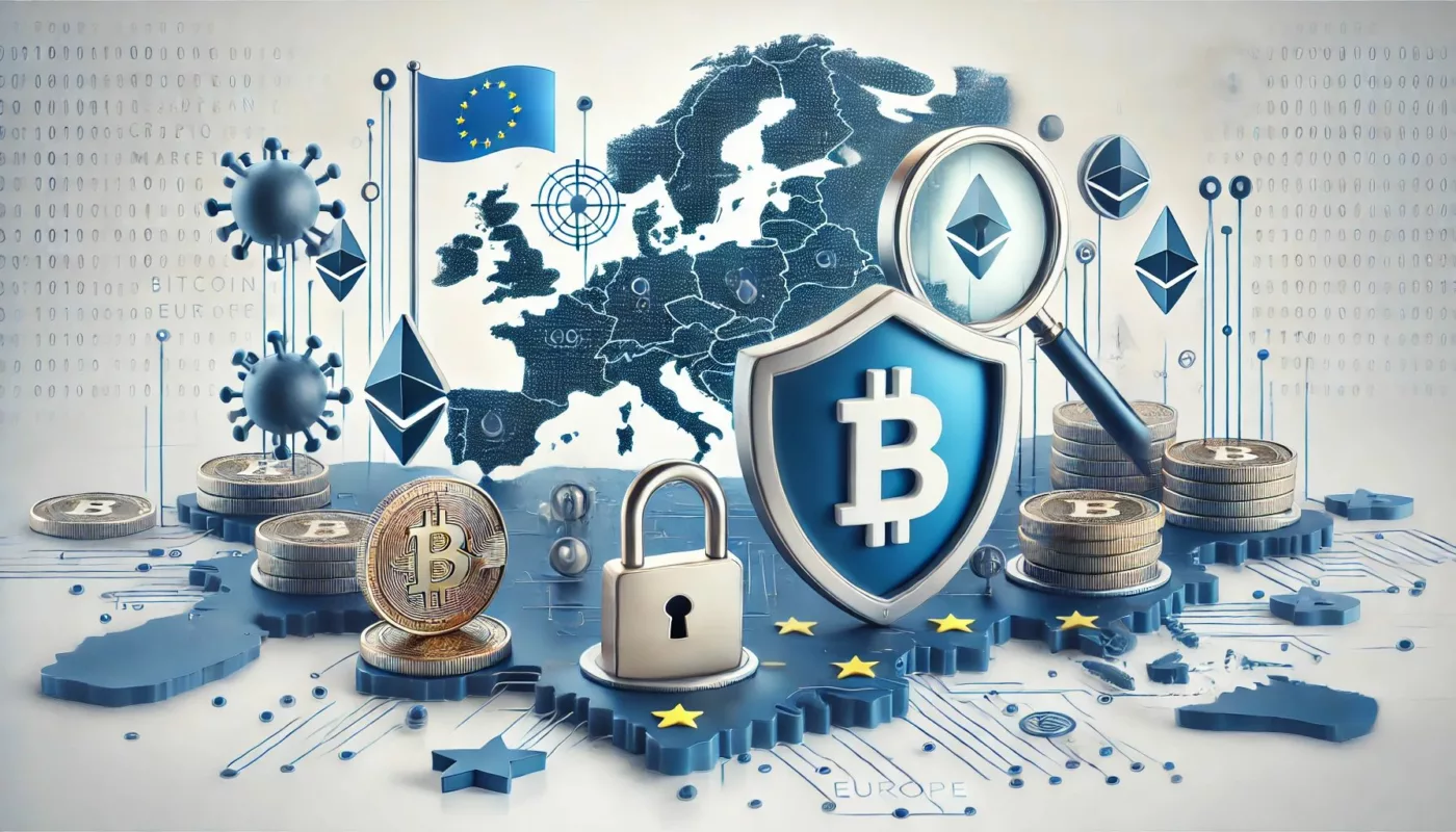 Crypto regulations in Europe transforming the market with symbols of security and transparency, and icons of Bitcoin and Ethereum on a white background.