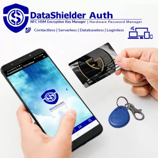 DataShielder NFC HSM Auth Card with EviCard and Blue EviTag Keychain