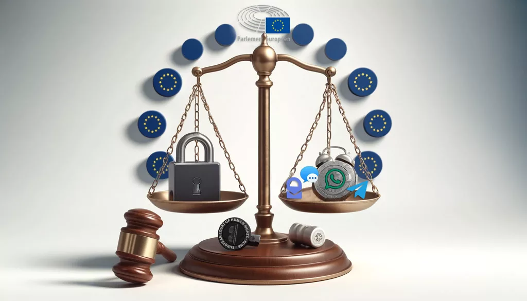 Balance scale showing the balance between privacy and law enforcement in EU regulation of end-to-end encrypted messaging.