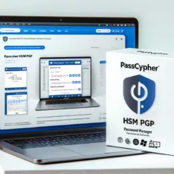 PassCypher HSM PGP Password Manager software box and laptop displaying web browser interface