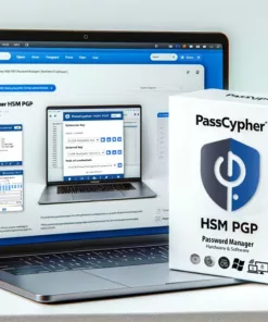 How PassCypher HSM PGP Works Password Manager software box and laptop displaying web browser interface