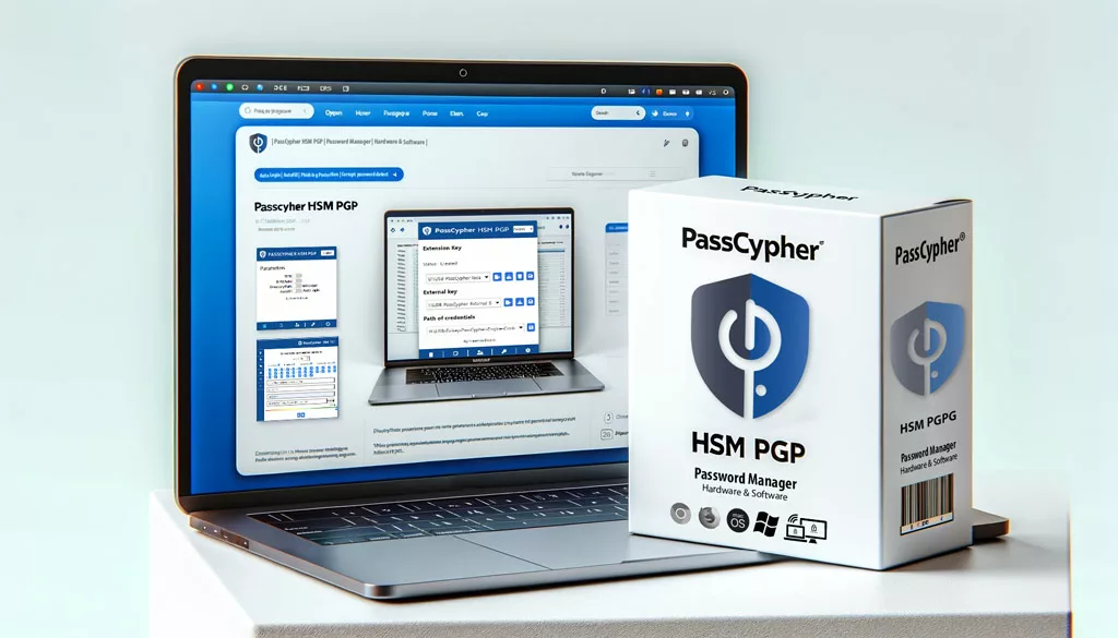 PassCypher HSM PGP password manager software box and laptop displaying web browser interface