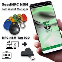 Multiple colored SeedNFC HSM Tags with keyrings and rotating chrome carabiners alongside an Android phone running the SeedNFC app, featuring EviKeyboard BLE