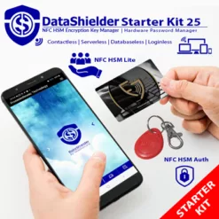 DataShielder NFC HSM Starter Kit showing NFC HSM Lite and NFC HSM Auth devices with a smartphone.