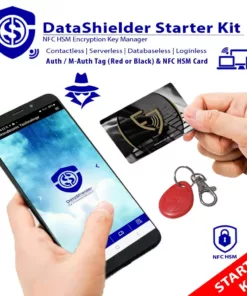 DataShielder NFC HSM Starter Kit Range, including NFC HSM Tag (Red or Black) and Card for secure encryption key management.