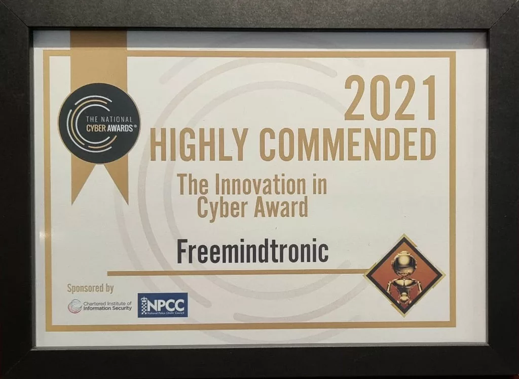 Highly Commended at National Cyber Awards certificate showing Freemindtronic's 2021 award for Innovation in Cybersecurity.