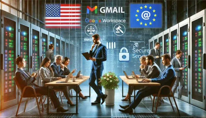 Legal experts discussing Google Workspace Data Security with US and EU regulations in a data center