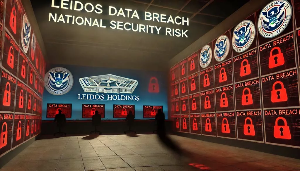 Multiple computer screens displaying data breach alerts in a dark room, with the Pentagon in the background.