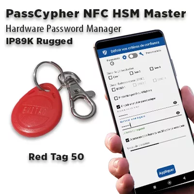 PassCypher NFC HSM Master Red Tag 50 with IP89K Rugged Design and Trust Criteria on Screen