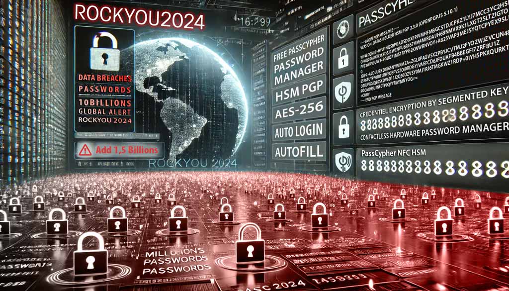 RockYou2024 data breach with millions of passwords streaming on a dark screen, foreground displaying advanced cybersecurity measures and protective shields.