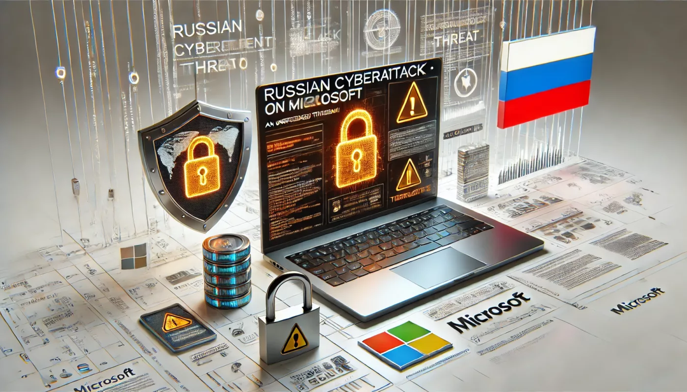 Cybersecurity theme with shield, padlock, and computer screen displaying warning signs, highlighting the Russian cyberattack on Microsoft.