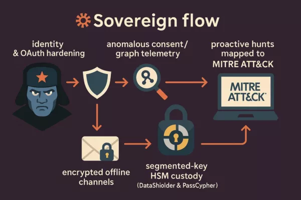 Russian Cyberattack Microsoft — Sovereign flow diagram showing identity hardening, OAuth monitoring, encrypted offline channels, and HSM custody with DataShielder and PassCypher