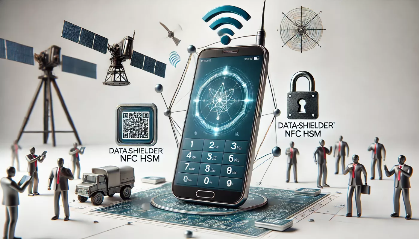 Realistic image showcasing satellite connectivity and DataShielder NFC HSM with a smartphone, satellite signal, secure communication icons, and elements representing civilian and military use.