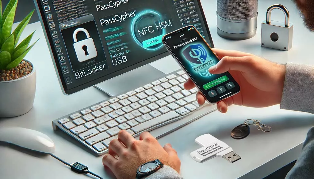 Person using PassCypher NFC HSM and EviKeyboard BLE USB to fix BitLocker access on an encrypted storage device.