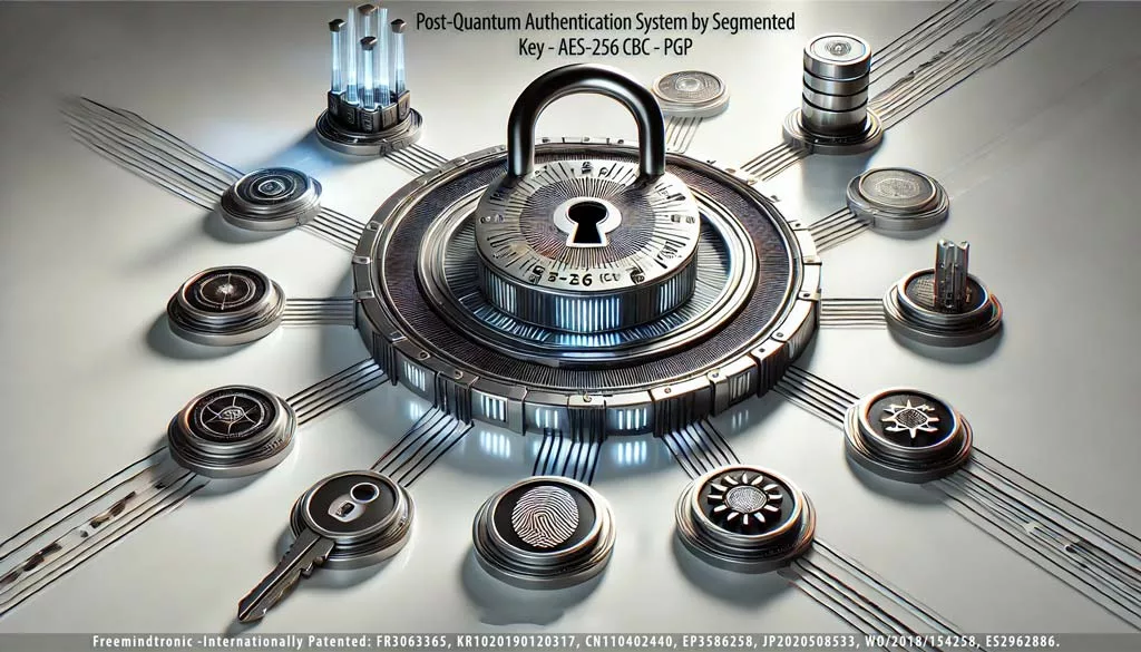 Highly realistic 3D padlock representing AES-256 CBC encryption with advanced key segmentation, featuring fingerprint scanner, facial recognition, and secure server segments on a white background.