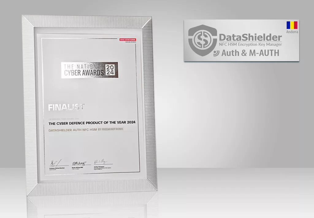 Certificat de finaliste du DataShielder Auth NFC HSM pour le Produit de Cyberdéfense de l'Année 2024 aux National Cyber Awards