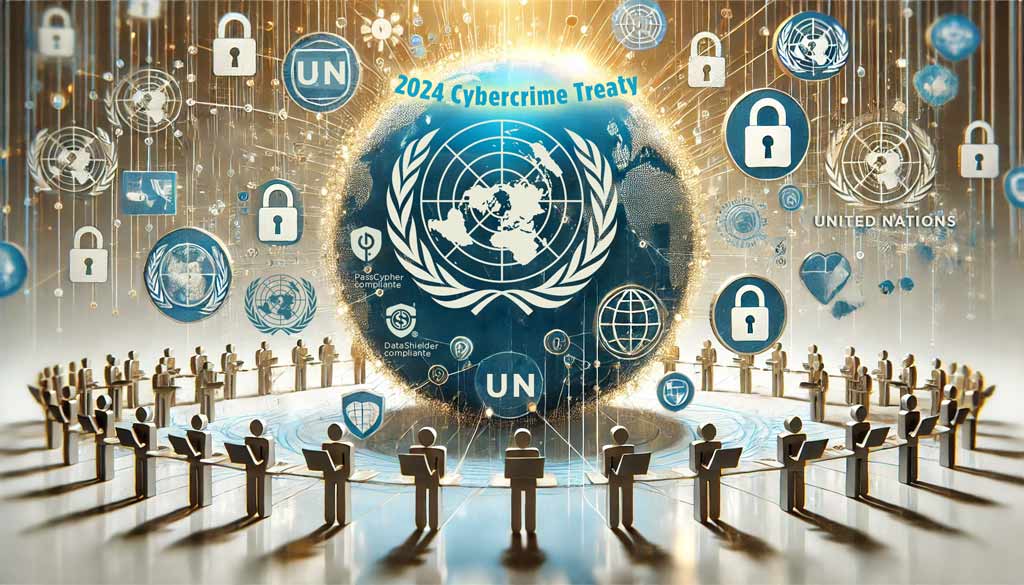 Cybercrime Treaty global cooperation visual with UN emblem, digital security symbols, and interconnected silhouettes representing individual sovereignty.