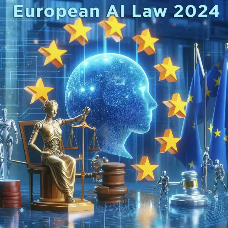 An artistic representation of the European AI Law showing a robotic Lady Justice, a digital human head surrounded by EU stars, and European flags, symbolizing the intersection of AI and law within the European Union.