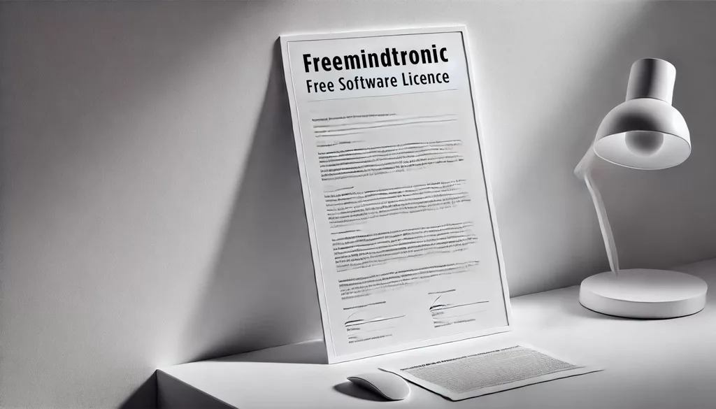 Freemindtronic Free Software License document on a minimalist white desk.