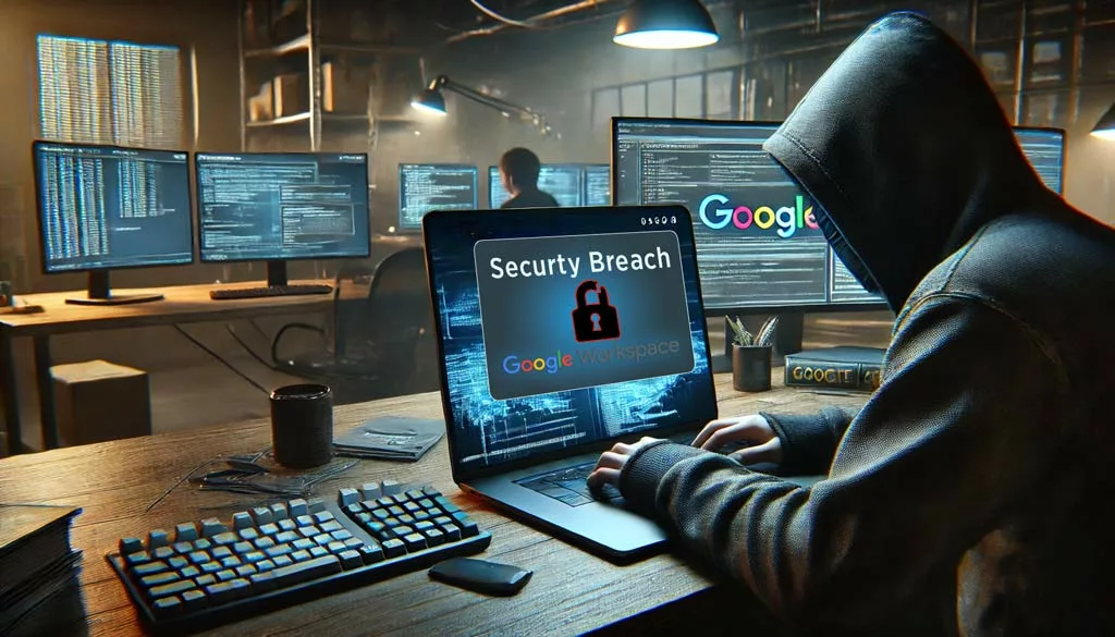 Hacker accessing a laptop displaying Google Workspace with a security breach notification.