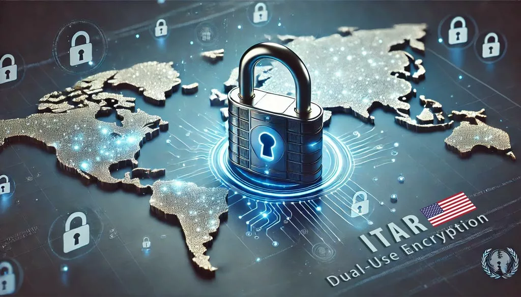 Secure digital lock over a world map representing ITAR dual-use encryption.